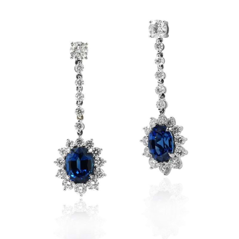 12.15 carat Deep Blue oval Sapphire and Diamond halo drop earrings